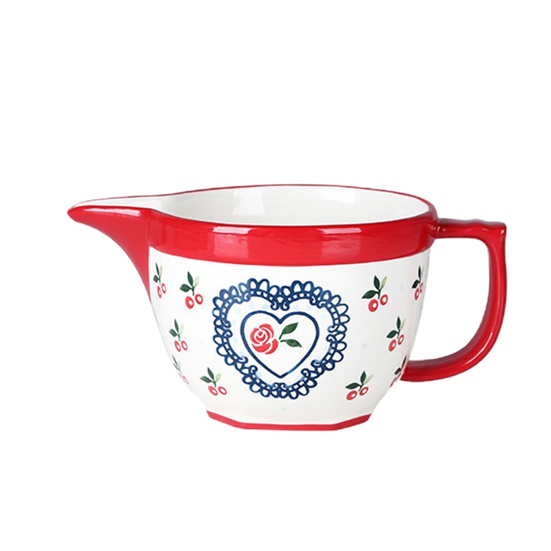 手绘大容量和面盆烘焙餐具家用沙拉带把手柄搅拌碗陶瓷料理碗 FENGHOU 樱桃色