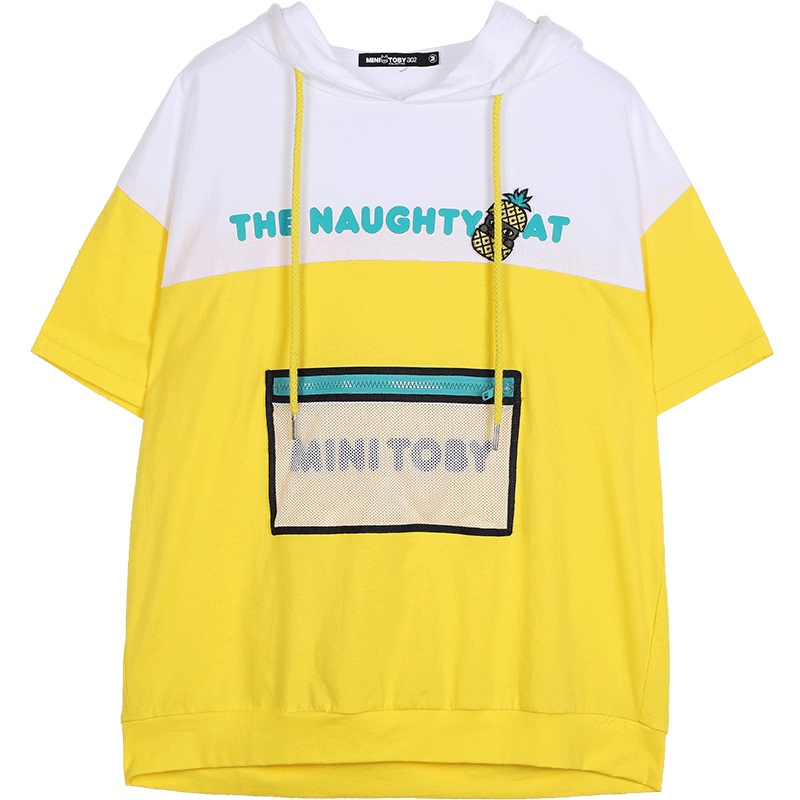 a02新款潮流学院风拼色连帽网纱拉链口袋短袖T恤女DTU2D1091KT