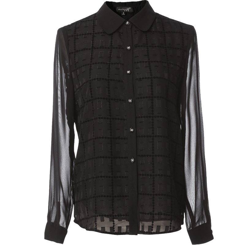 欧昵雪娃娃领拼接透视长袖提花格子雪纺衬衫女上衣