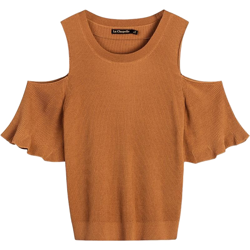 拉夏贝尔温柔风针织露肩上衣夏季新款套头喇叭袖宽松毛针织衫女毛衣