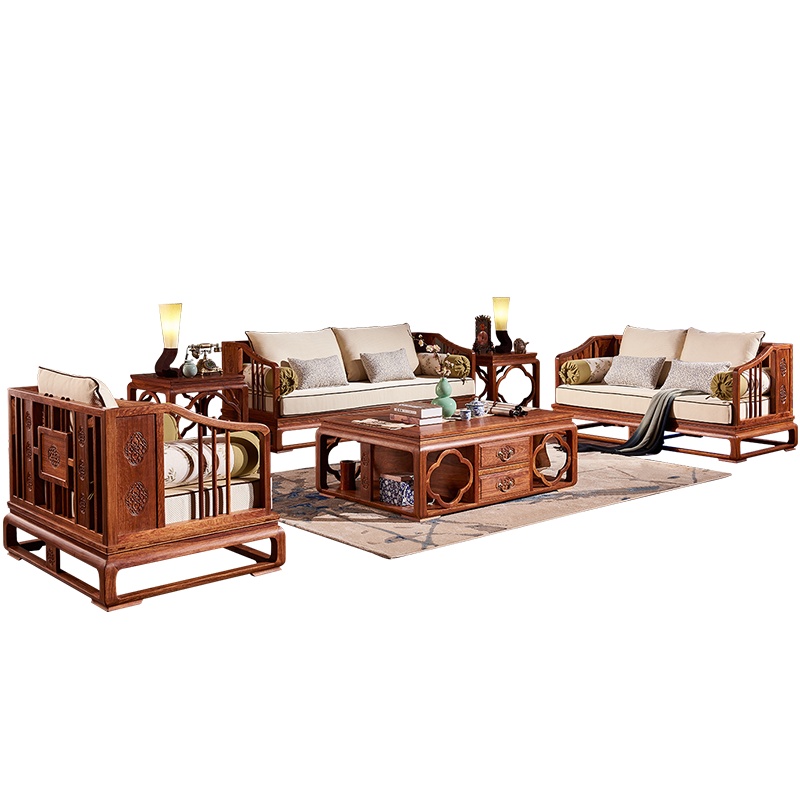 周家庄 红木家具非洲花梨(学名:刺猬紫檀)沙发实木沙发仿古客厅组合新中式软体沙发
