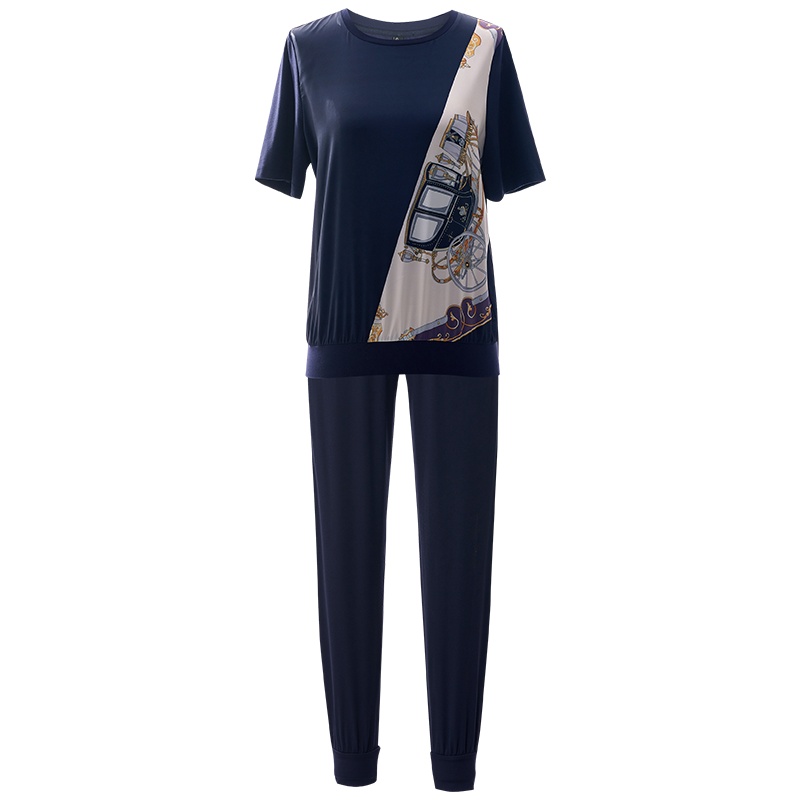 欧昵雪潮流印花套裤夏季时尚仿真丝宽松显瘦长裤两件套女士套装