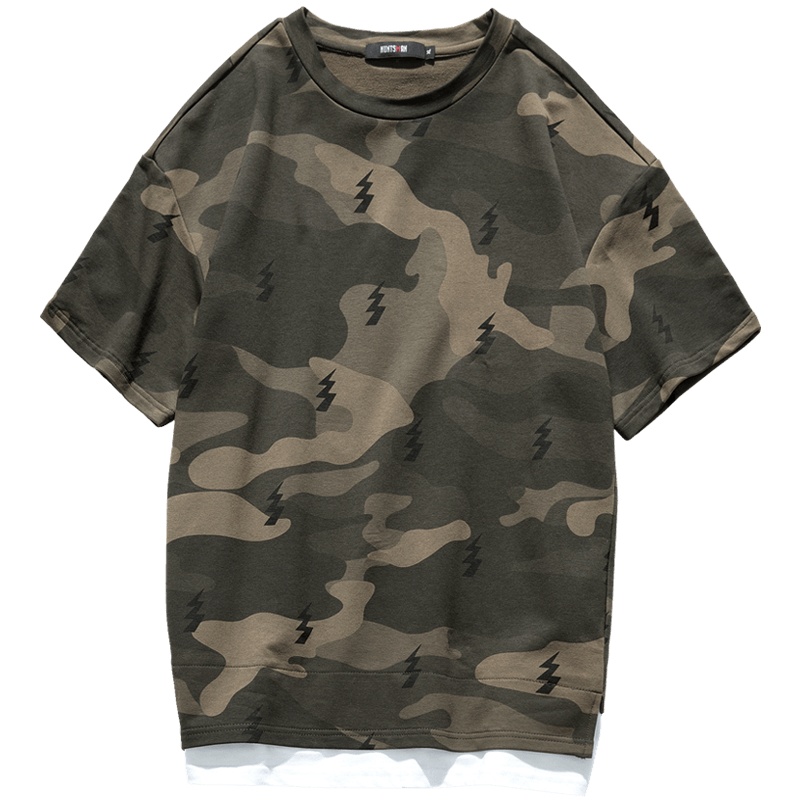 千纸鹤旗下迷彩短袖男士T恤ins欧美潮牌五分袖印花情侣装宽松休闲假两件半袖20236