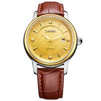 天霸(TIANBA)手表 复古稳重男士手表 皮带款全自动机械男表TM6021.04PC 金面棕带