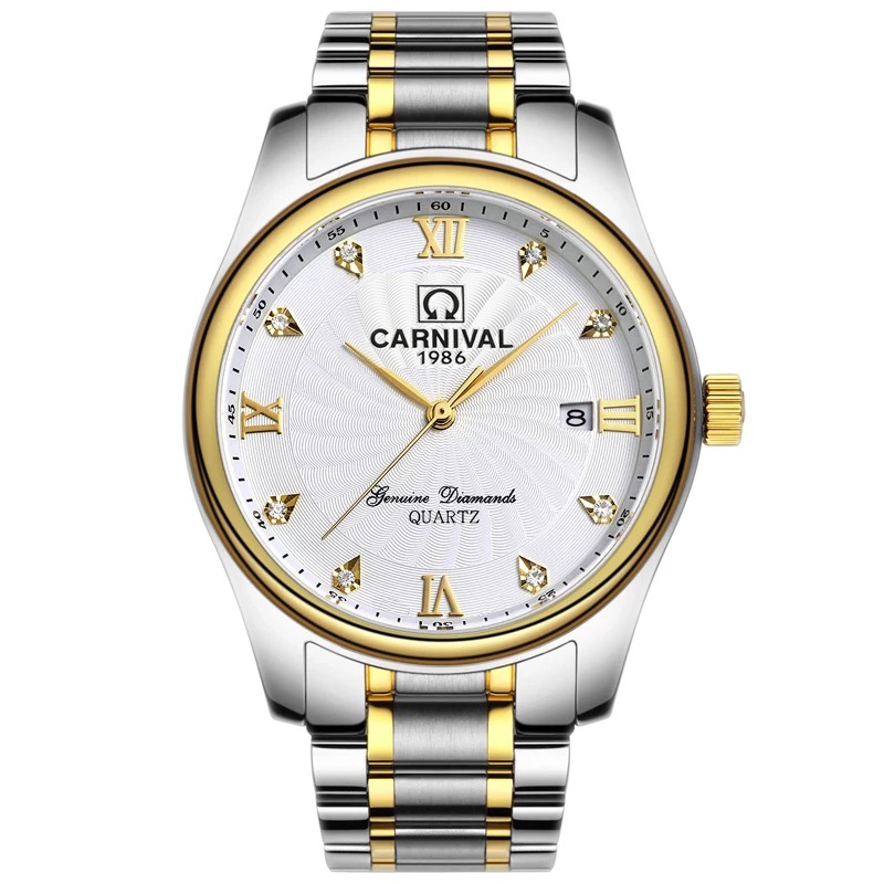 瑞士嘉年华CARNIVAL手表 新名匠系列商务石英表 男士日历防水精钢带男表正装时尚腕表精钢材质8828G水钻石英款