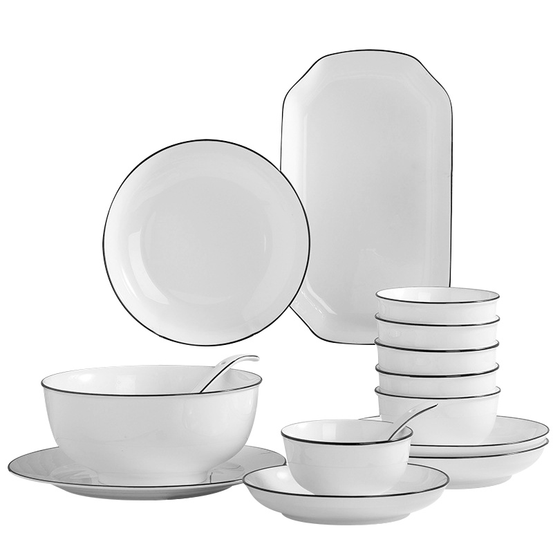 是尚 黑线陶瓷碗盘碗碟套装