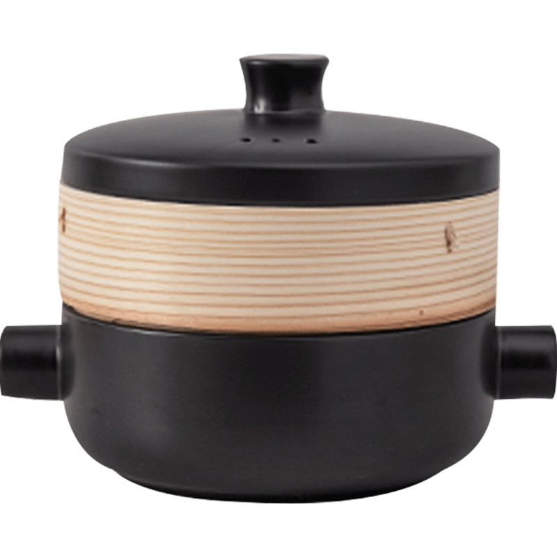 麦可可 陶瓷砂锅炖锅 2.5L黑色家用煲汤锅砂锅明火石锅耐高温带原木蒸锅