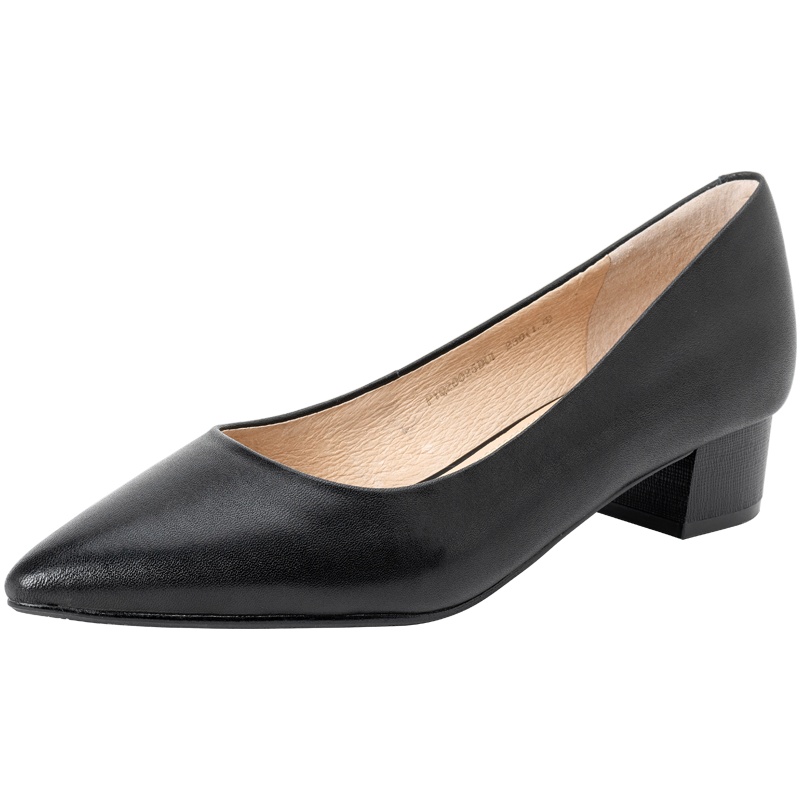 百田森小黑鞋女职业软底粗跟尖头春新款工作鞋真皮通勒单鞋