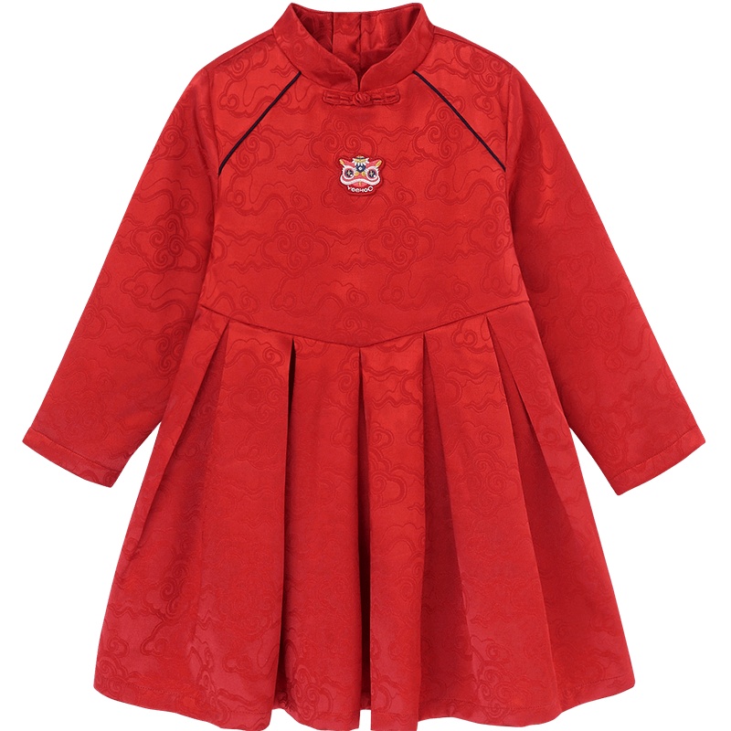 英氏儿童裙子女童小狮子刺绣立领长袖连衣裙 2020秋冬新款