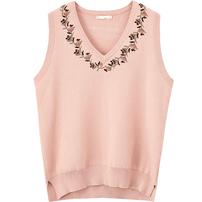 茵曼2019秋季新款文艺甜美花卉刺绣毛衣背心马甲女v领学院风粉色