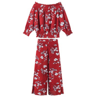 拉夏贝尔Puella夏季女装新款韩版时尚显瘦一字肩碎花长裤两件套女20012197