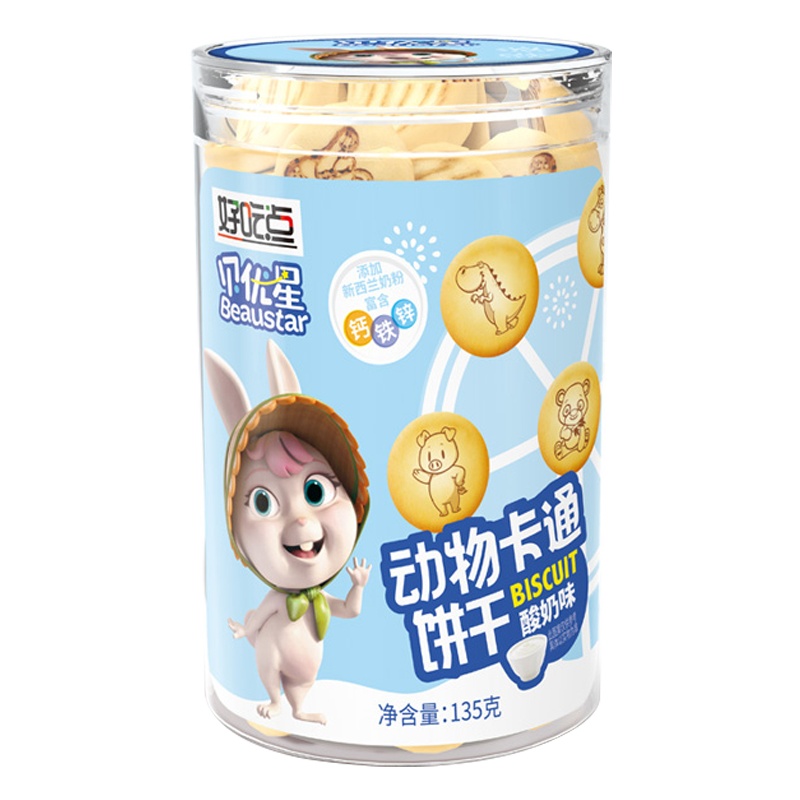 好吃点贝优星圆形动物卡通酸奶味135g 添加新西兰奶粉 零食代餐营养早餐儿童卡通饼干