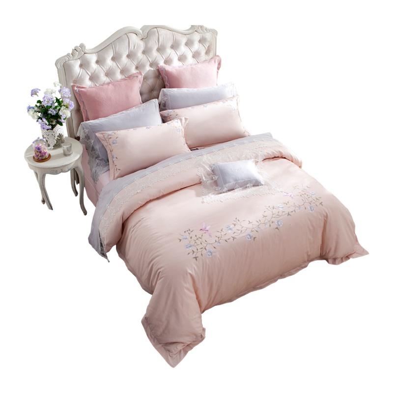 堂皇TEVEL田园植物花卉斜纹绣花保暖纯棉全棉床上套件被套四件套