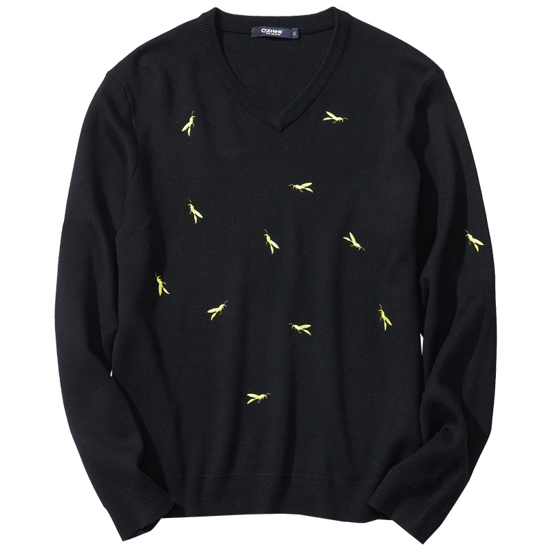 千纸鹤男装v领针织衫韩版刺绣休闲线衣黑色商务新款男士毛衣50015