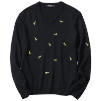 千纸鹤男装v领针织衫韩版刺绣休闲线衣黑色商务新款男士毛衣50015