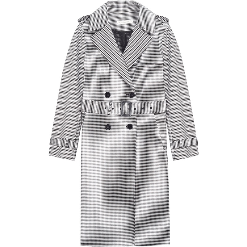 爱居兔春装2019女装外套格纹双排扣时尚中长款风衣