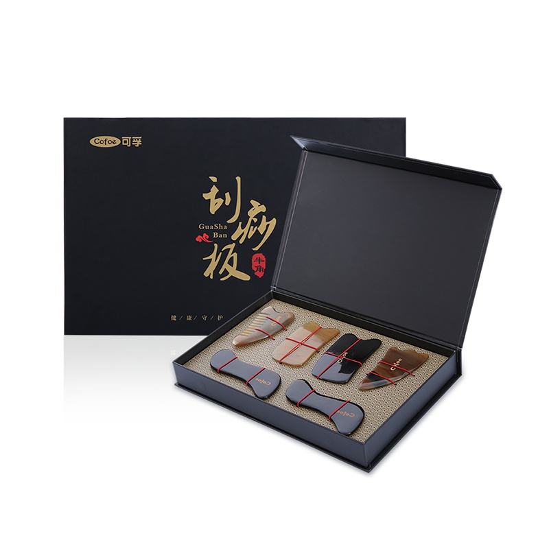 赠三重礼 ]脸部刮痧板牛角全身通用套装背部颈部家用面部三件套刮沙板家庭式礼盒装6枚装送刮痧精油刮痧书穴位图