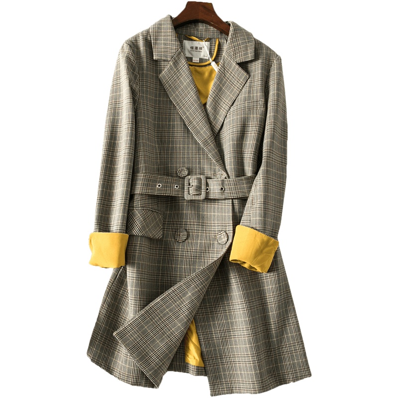 恒源祥2020春季格纹外套女中长款九分袖撞色格子大衣双排扣小西装