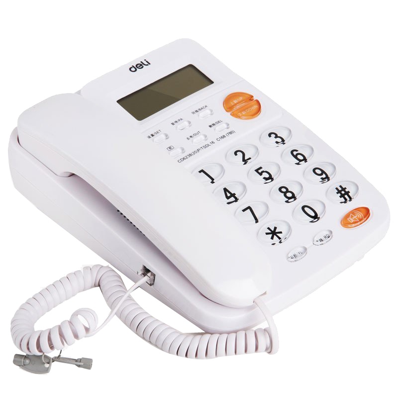 [精选]得力(deli) 780 透明耐磨按键电话机 免提来电显示办公家用固定电话 三组闹钟座机 白色