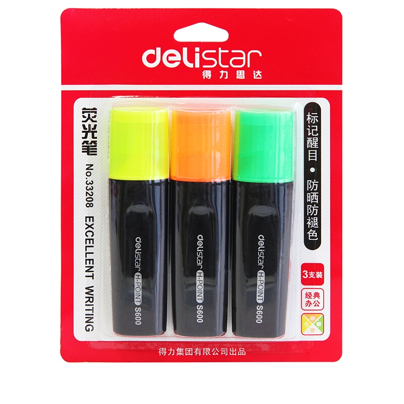 [精选]得力(deli) 33208 3色标记醒目荧光笔 水性记号笔 (橙+绿+黄) 3支/卡
