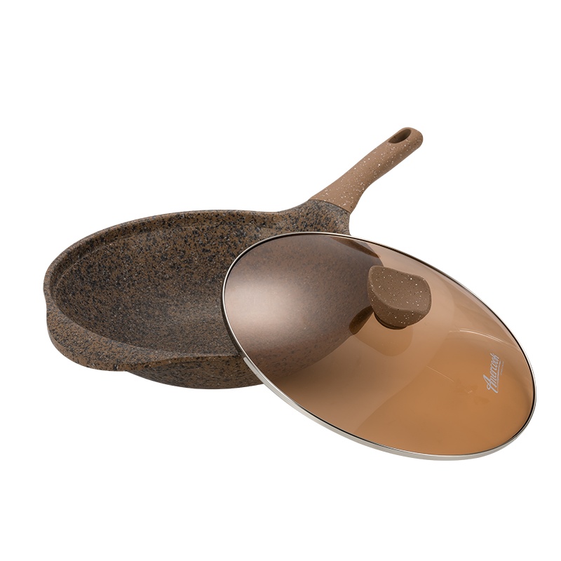 AMERCOOK阿尔菲塔麦饭石炒锅不粘锅32cm 家用炒菜锅平底锅加厚深煎锅带可视锅盖 燃气灶电磁炉通用锅具 咖啡色