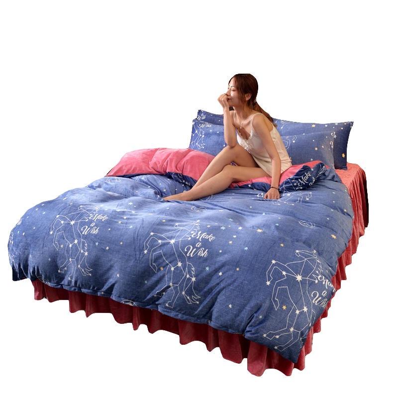 吉岳(Giyou)2019新款水晶绒夹棉床裙床笠高密度保暖透气活性印染四件套床上用品