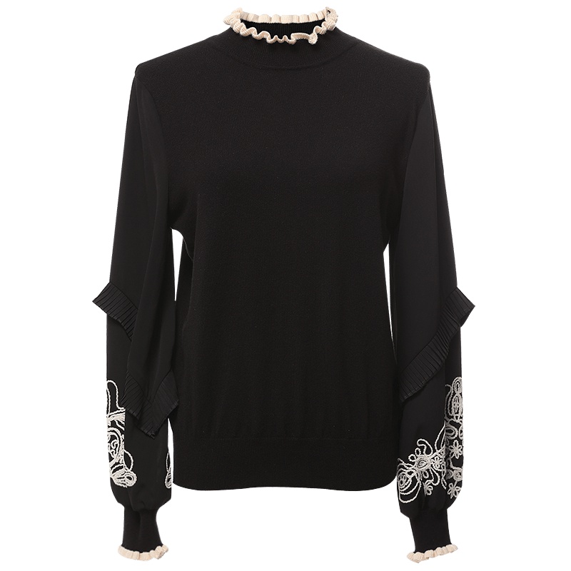 欧昵雪秋季木耳边立领拼接绣花长袖宽松针织衫女套头毛衣