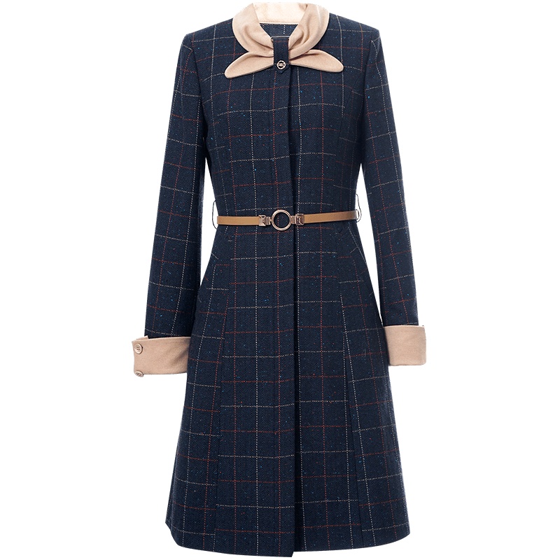 OUNIXUE欧昵雪 | [时尚格子毛呢裙]秋冬季OL风撞色蝴蝶结系带显瘦连衣裙女