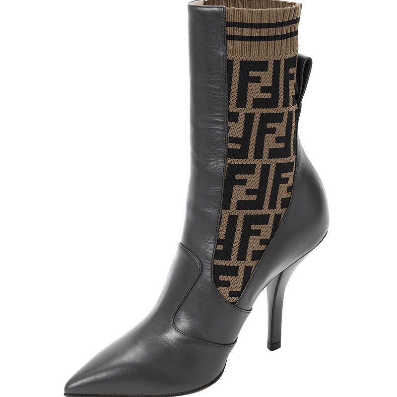 芬迪FENDI 高跟中靴 FF标识光面皮拼织物8T6645 女士靴子