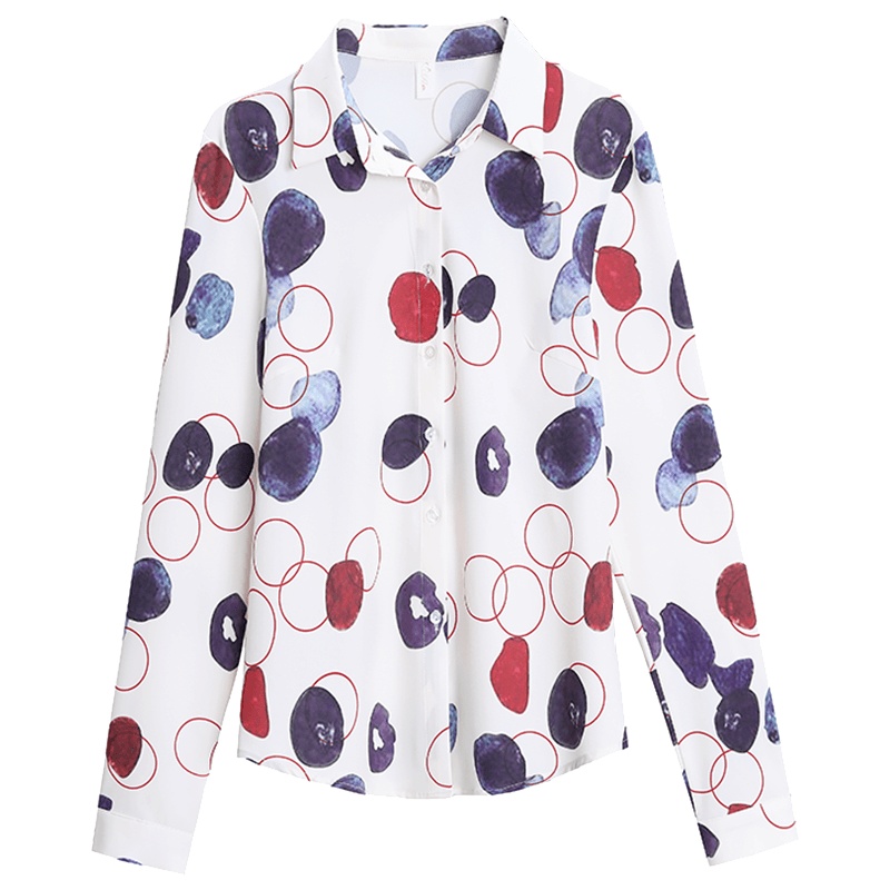 恒源祥春女装新款衬衫几何圆圈撞色印花长袖单排扣衬衣职业OL
