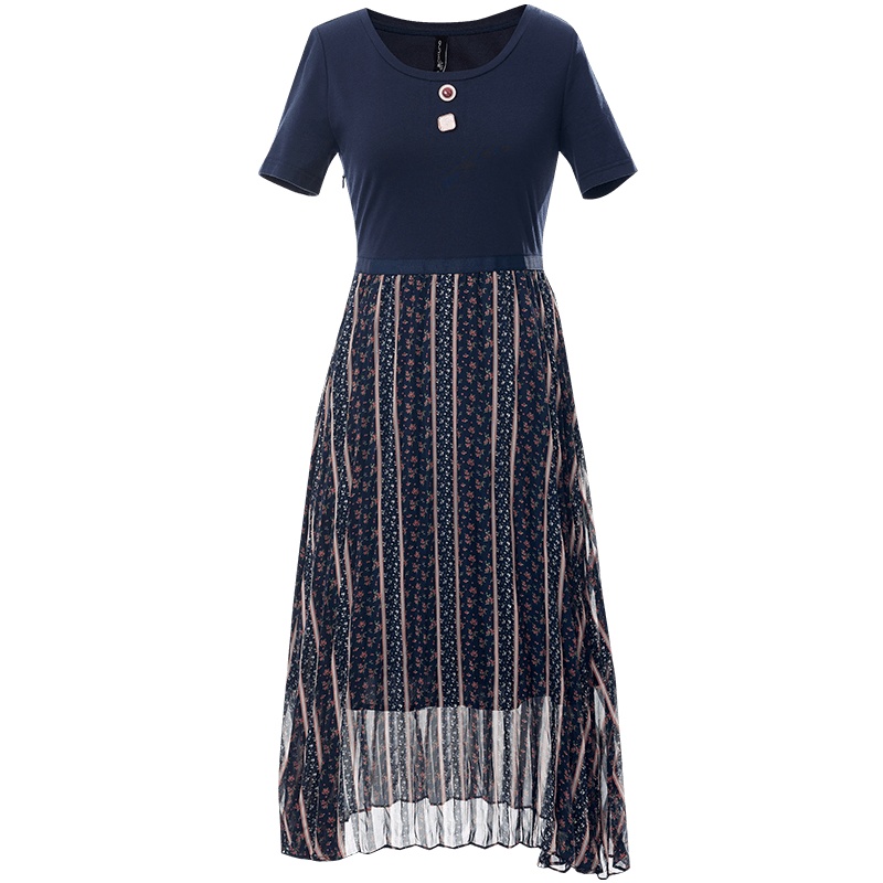 欧昵雪夏季圆领T恤拼接高腰印花雪纺裙女假两件连衣裙