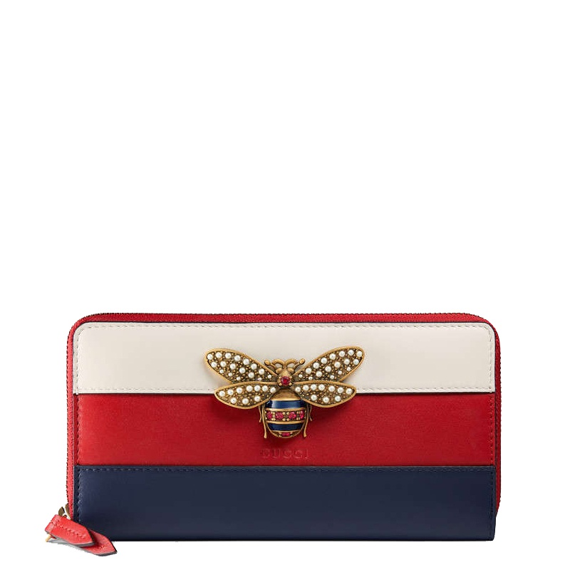 [直营]古驰(GUCCI) QUEEN MARGARET系列蜜蜂条纹真皮拉链长款女士钱包手拿包