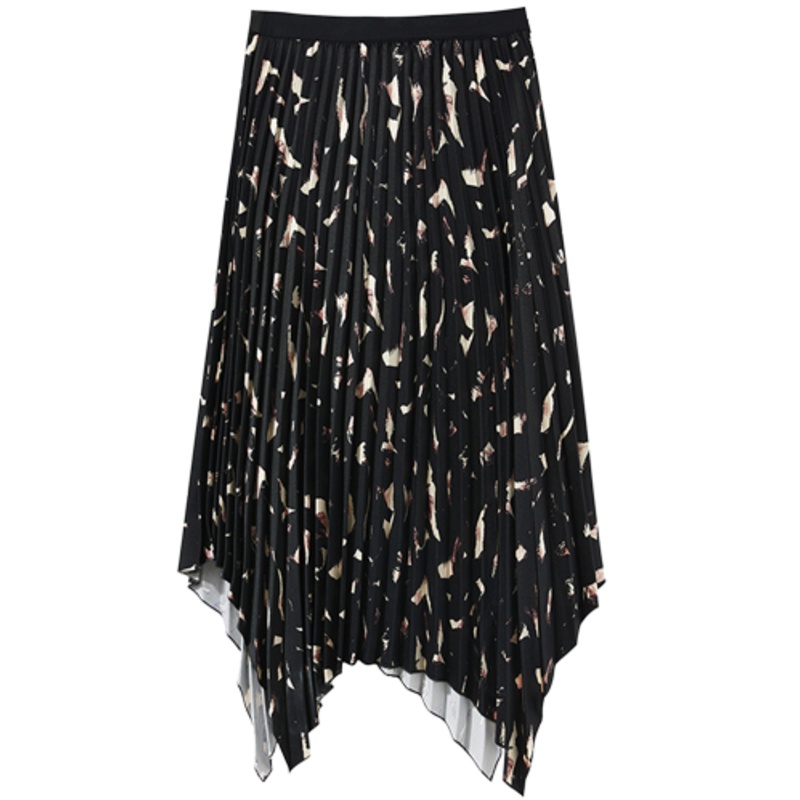 三彩2020秋季新款高腰琉璃花印花不规则百褶裙半身裙中