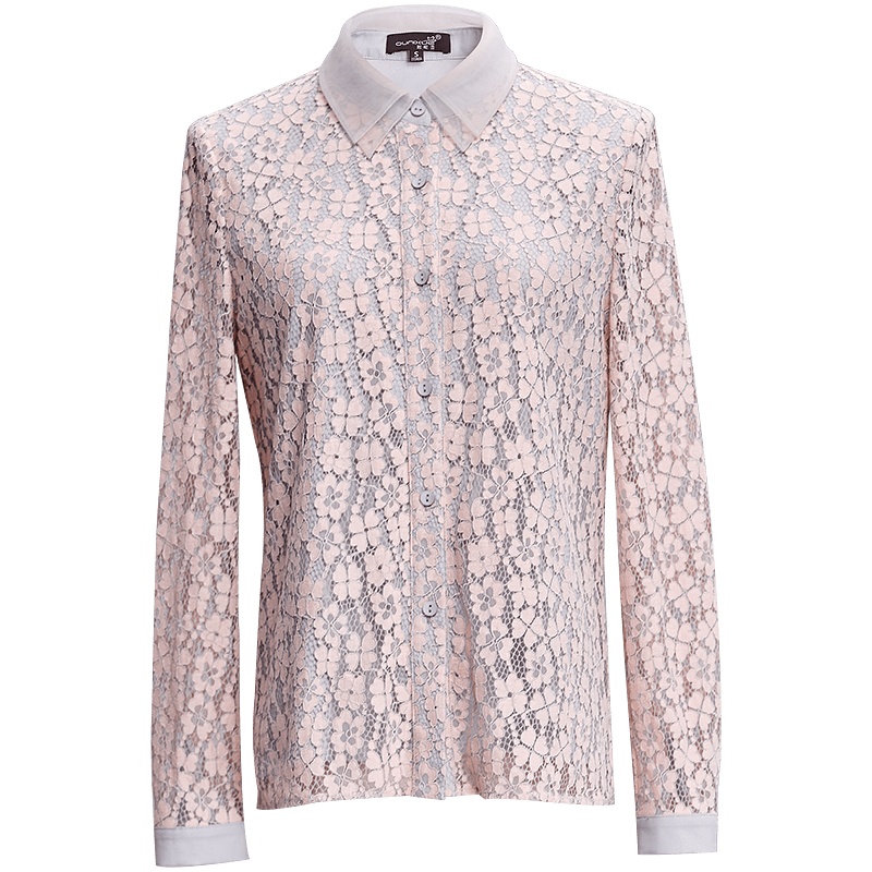 欧昵雪网纱翻领镂空蕾丝衬衫女OL气质显瘦长袖上衣