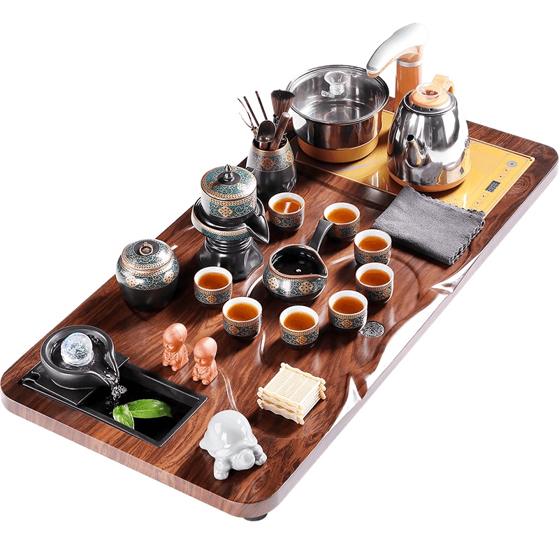 功夫茶具套装家用陶瓷茶杯茶壶整套自动石磨流水茶盘办公会客茶台 古韵自动茶具配流芳仿酸枝全自动快速炉