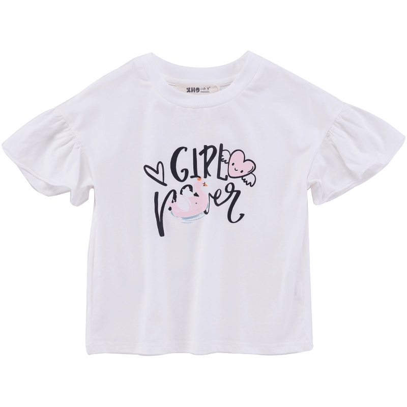 小红豆童装商场同款女童短袖T恤喇叭袖夏装新品白色棉质打底半袖T潮