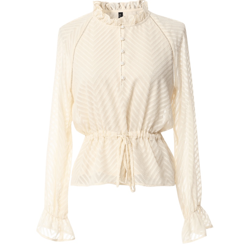 欧昵雪秋装木耳边立领条纹花边上衣喇叭袖收腰雪纺衫女