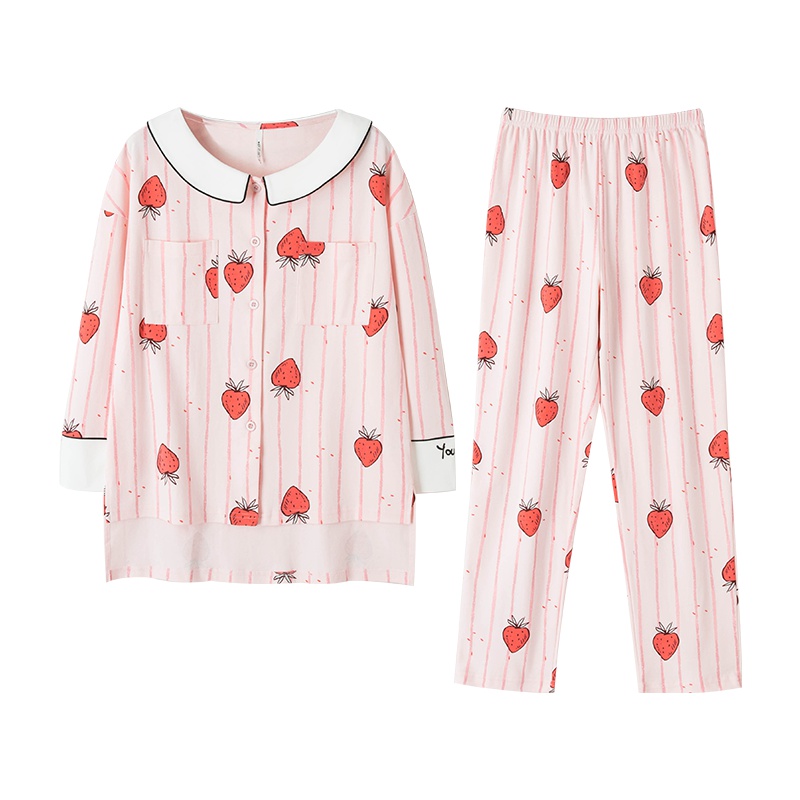 乌拉拉公主棉质双面针织印条草莓开胸长袖女套装W83K7228