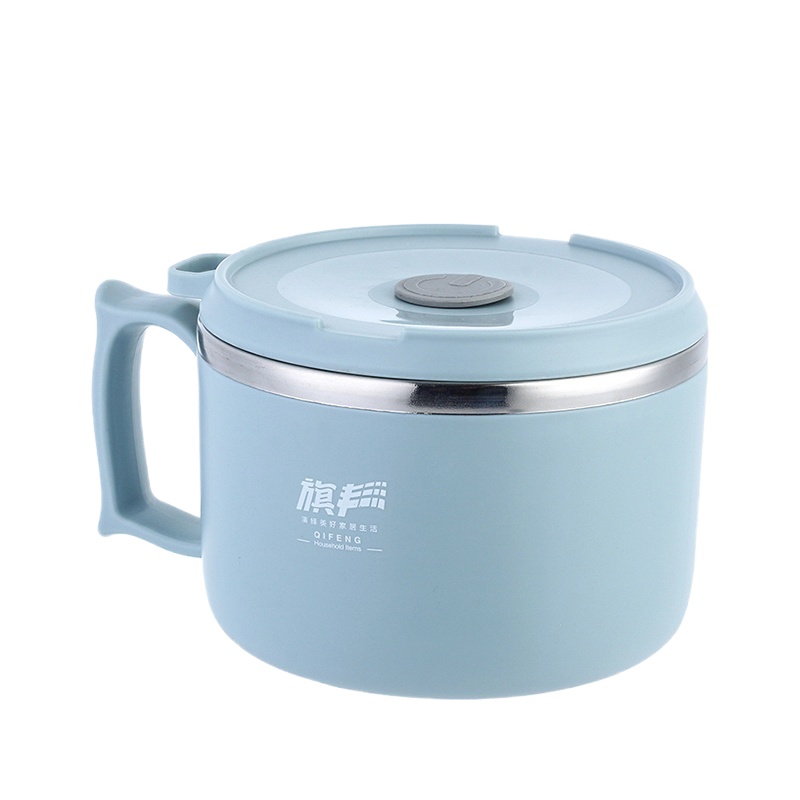 304不锈钢泡面碗带盖学生宿舍用单个碗筷套装食堂饭盒大号打 北欧蓝1000ML[防烫防漏](送餐具+保温袋) 敬平