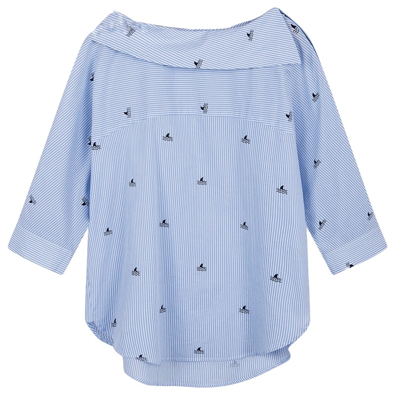 拉夏贝尔Puella夏季女装新款韩版宽松显瘦圆领长袖直筒套头衬衫女20012079