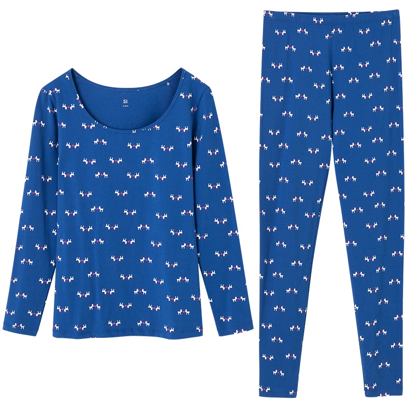 爱帝女士保暖内衣棉莱卡薄款卡通印花圆领防寒打底秋衣秋裤套装