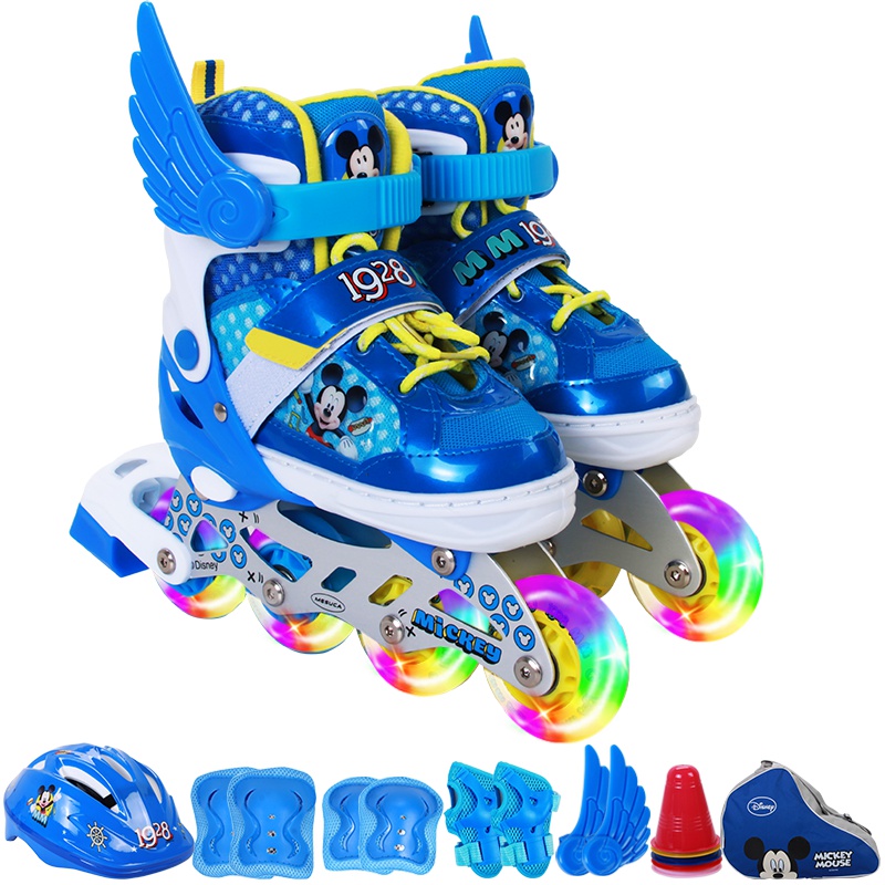 迪士尼溜冰鞋儿童全套装男女旱冰轮滑鞋直排轮初学者3-5-6-8-10岁送头盔护具小翅膀路障轮滑包
