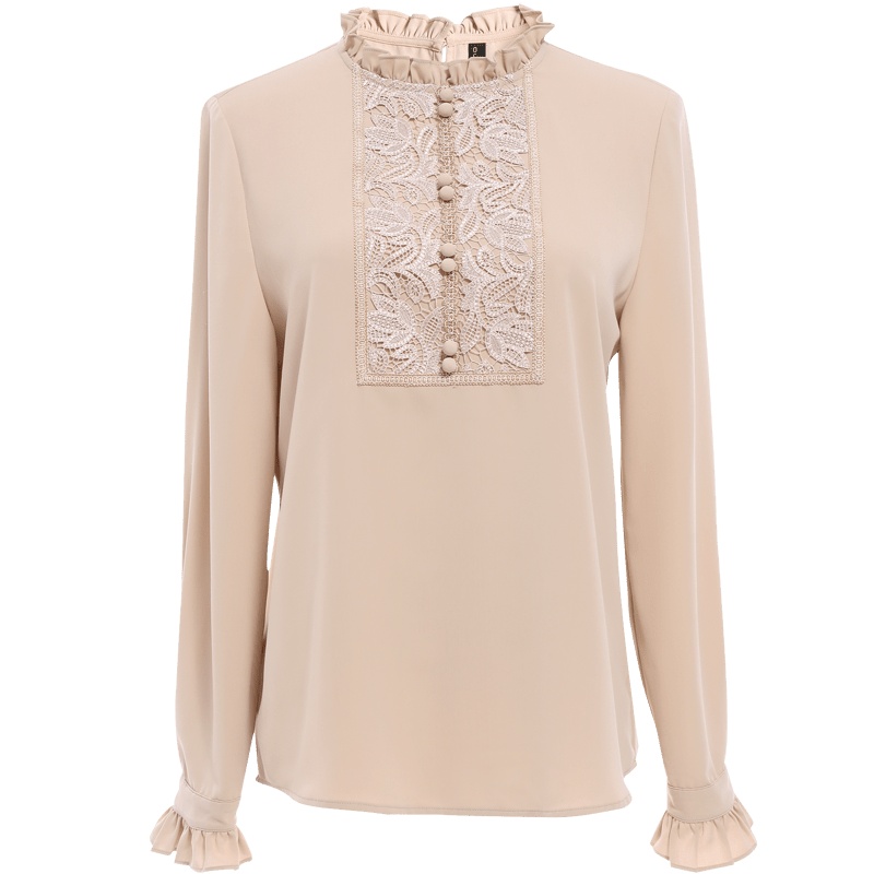 欧昵雪立领拼接蕾丝花边喇叭袖显瘦雪纺衫女长袖上衣