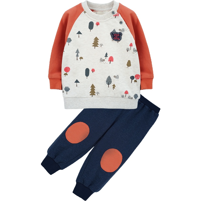 苏宁自营 婴姿坊男童印花长袖休闲舒适拼色插肩袖收脚裤套装童装两件套 杏色 73-110cm 1-5岁宝宝