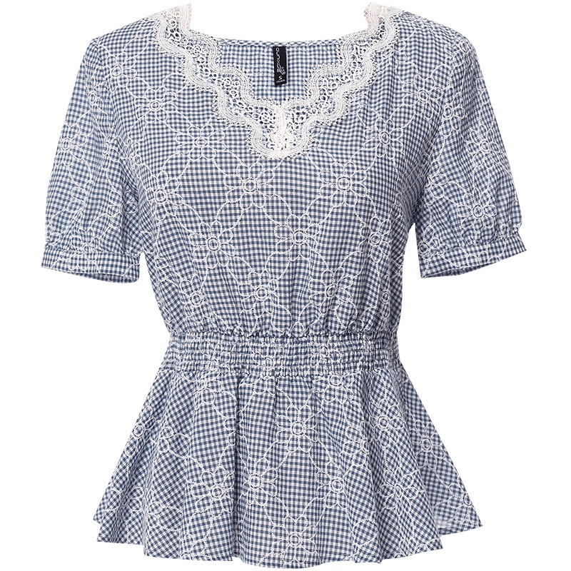 欧昵雪夏季蕾丝拼接V领收腰格子荷叶边小衫女短袖上衣