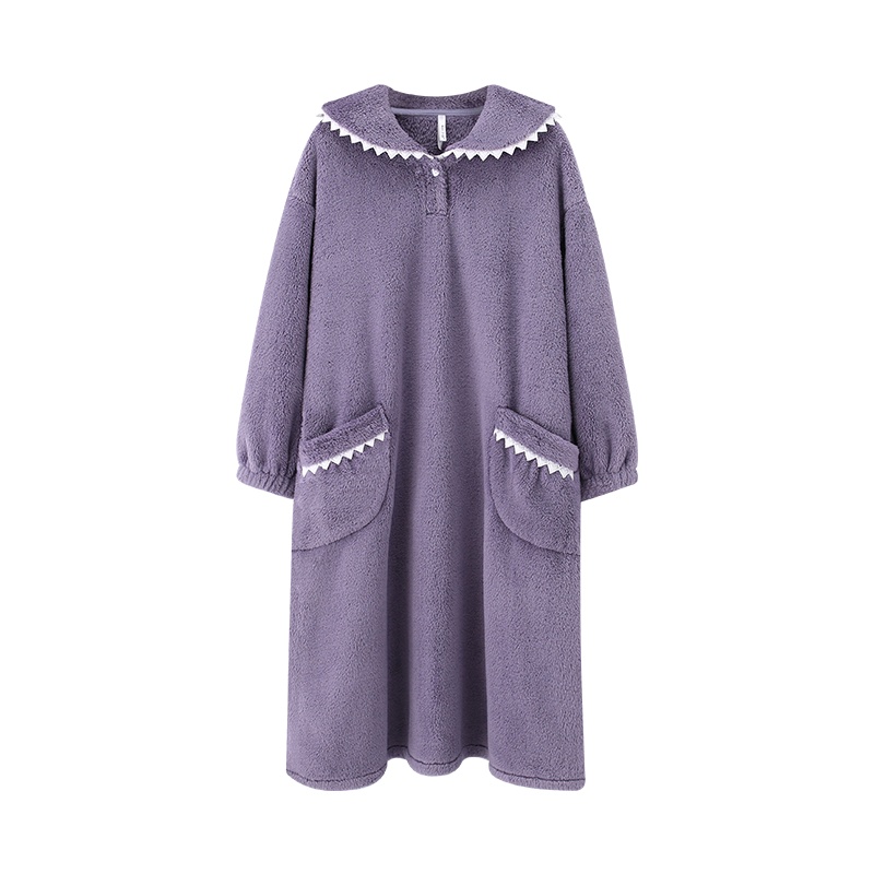 安之伴睡裙女秋冬简约宽松加厚长毛珊瑚绒睡衣长款休闲家居服裙