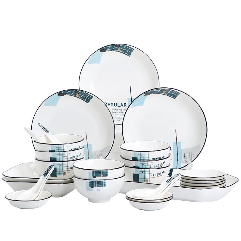 苏氏陶瓷(SUSHI CERAMICS)餐具套装 城市方格韩日小清新陶瓷碗盘勺子鱼盘30头餐具套装