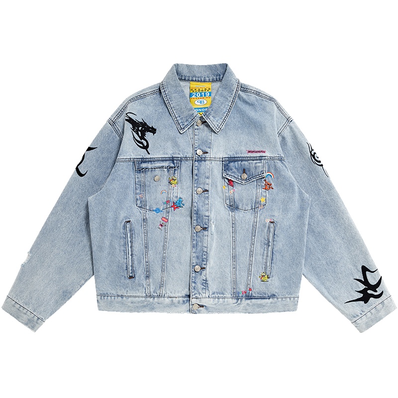 太平鸟男装牛仔夹克男翻领2020年春季新款纯棉潮流刺绣外套男