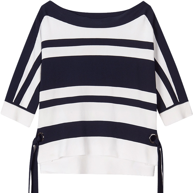 爱居兔春装2019女装宽松撞色条纹中袖针织衫