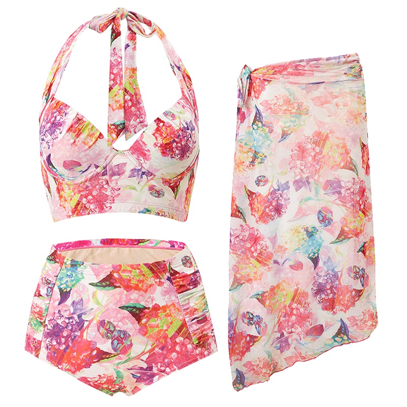 号手泳衣女三件套比基尼小胸聚拢钢托高腰遮肚罩衫显瘦胸大性感加硅胶胸垫